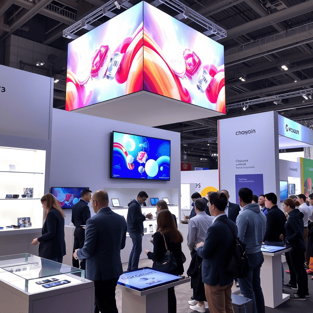Tech exhibition booth with colorful displays, company logos, and attendees examining products and engaging with representatives.