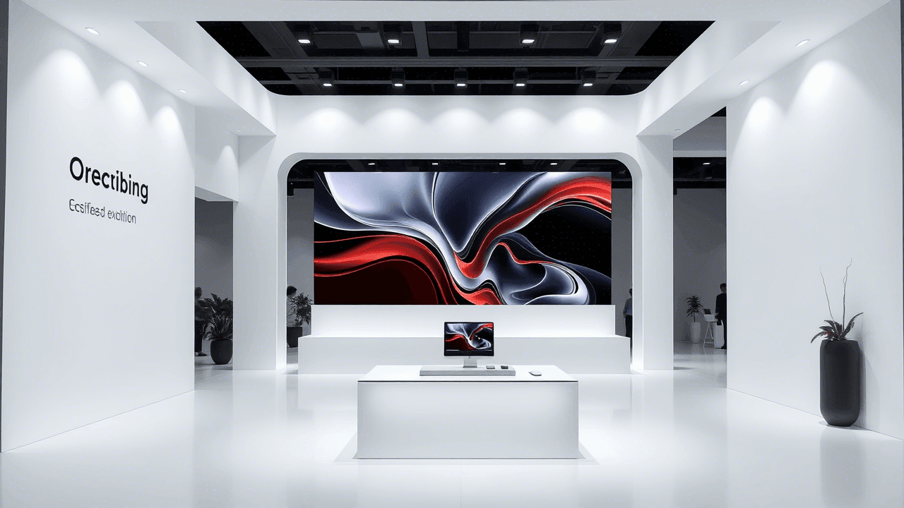Modern exhibition space with digital screen and sleek white interior design.