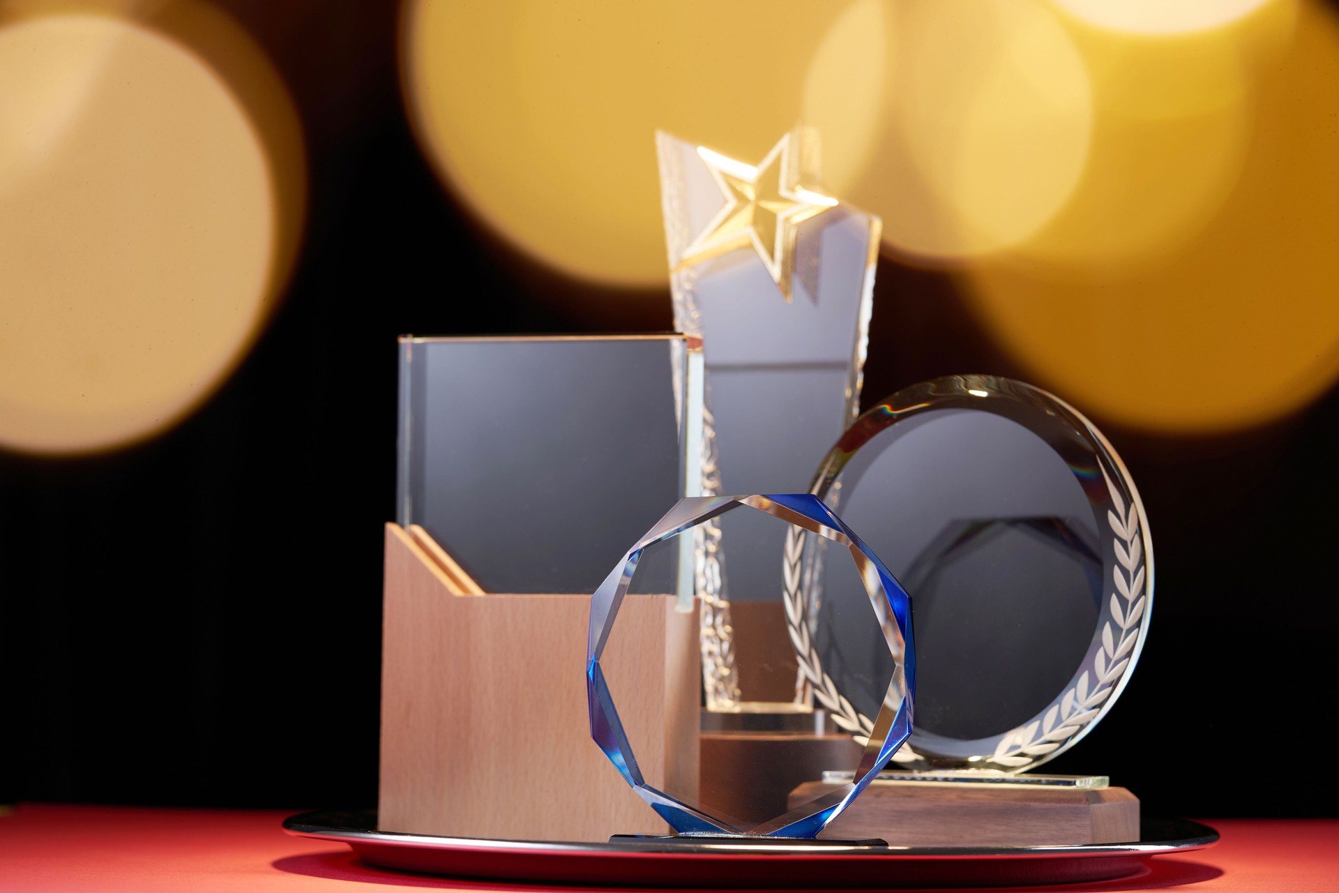 crystal trophy against black background