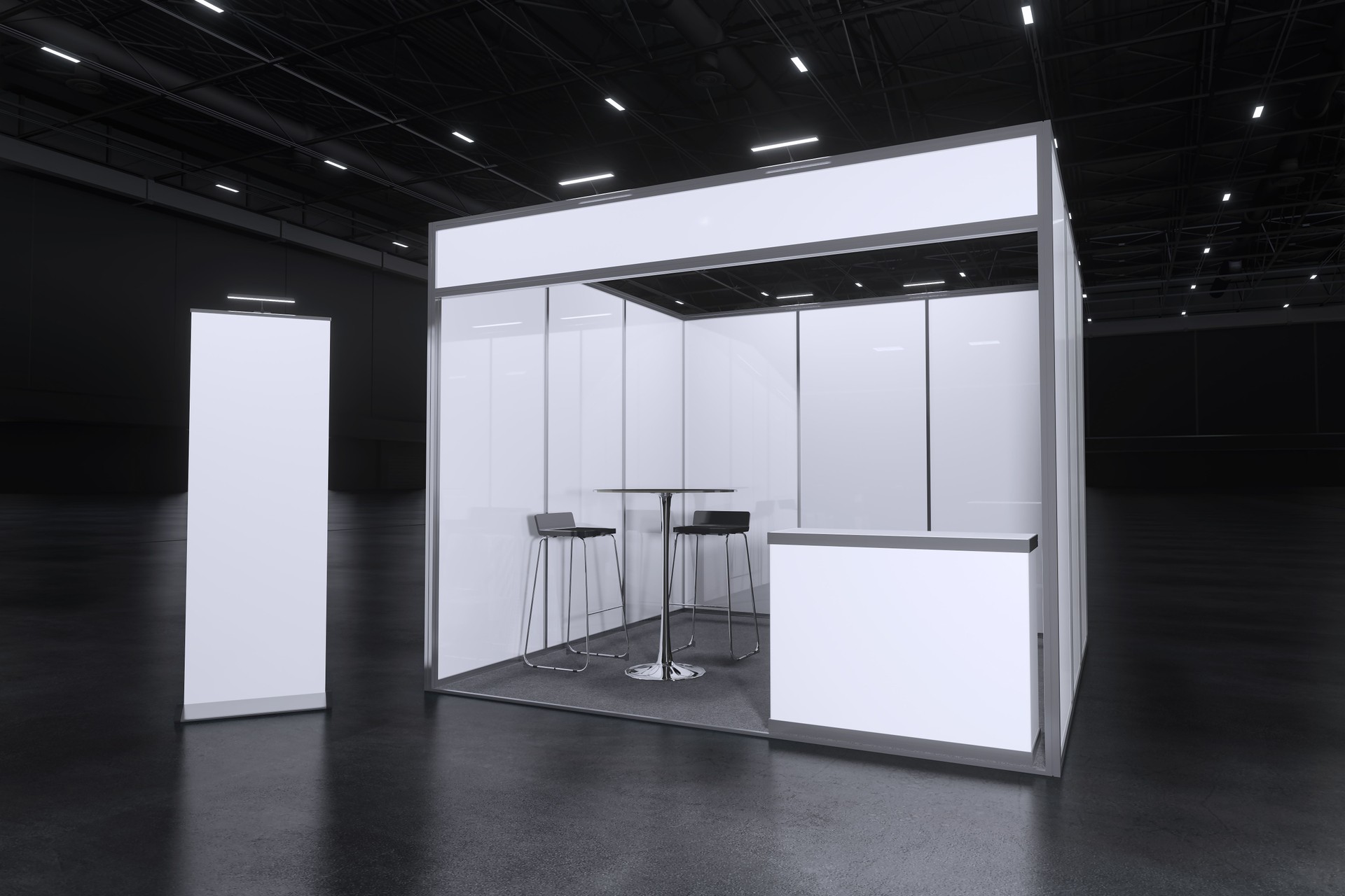 Exhibition standing for mockup and Corporate identity,Display.Empty booth design elements in Exhibition hall.Blank booth 3d illustration for trade show.Booth system with banner for Graphic.3d render.