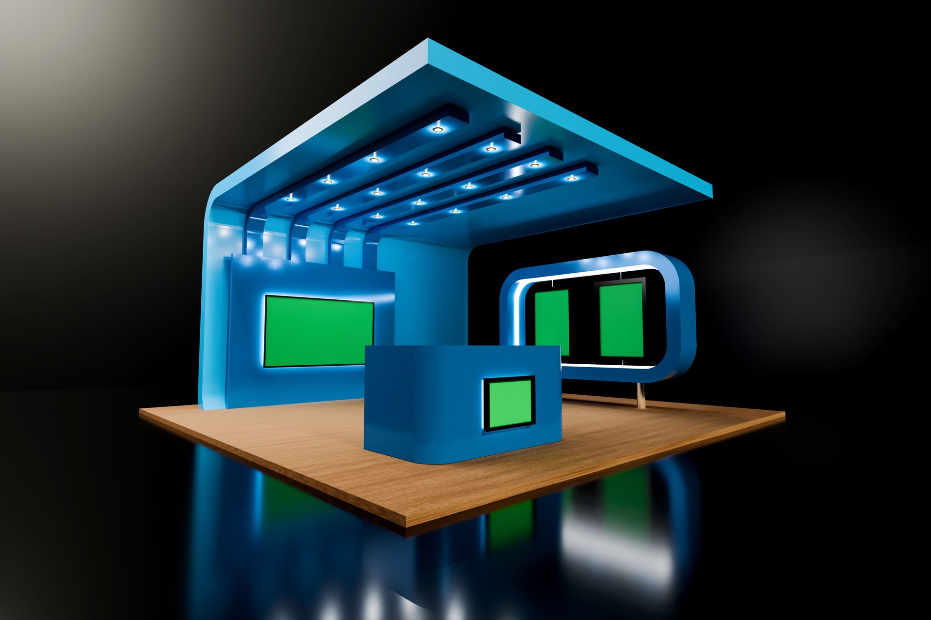 Exhibition stand for mockup Blue with TV and Posters - 3D Illustration